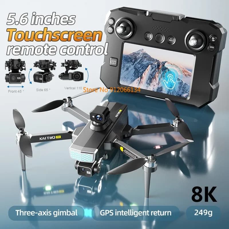 Drone RC con Gimbal a 3 Assi Brushless, Evitamento Ostacoli, 5G, 8K, ESC, GPS, Ritorno Automatico, Flusso Ottico, FPV, Schermo da 5.6 Pollici, Telecomando, Quadricottero