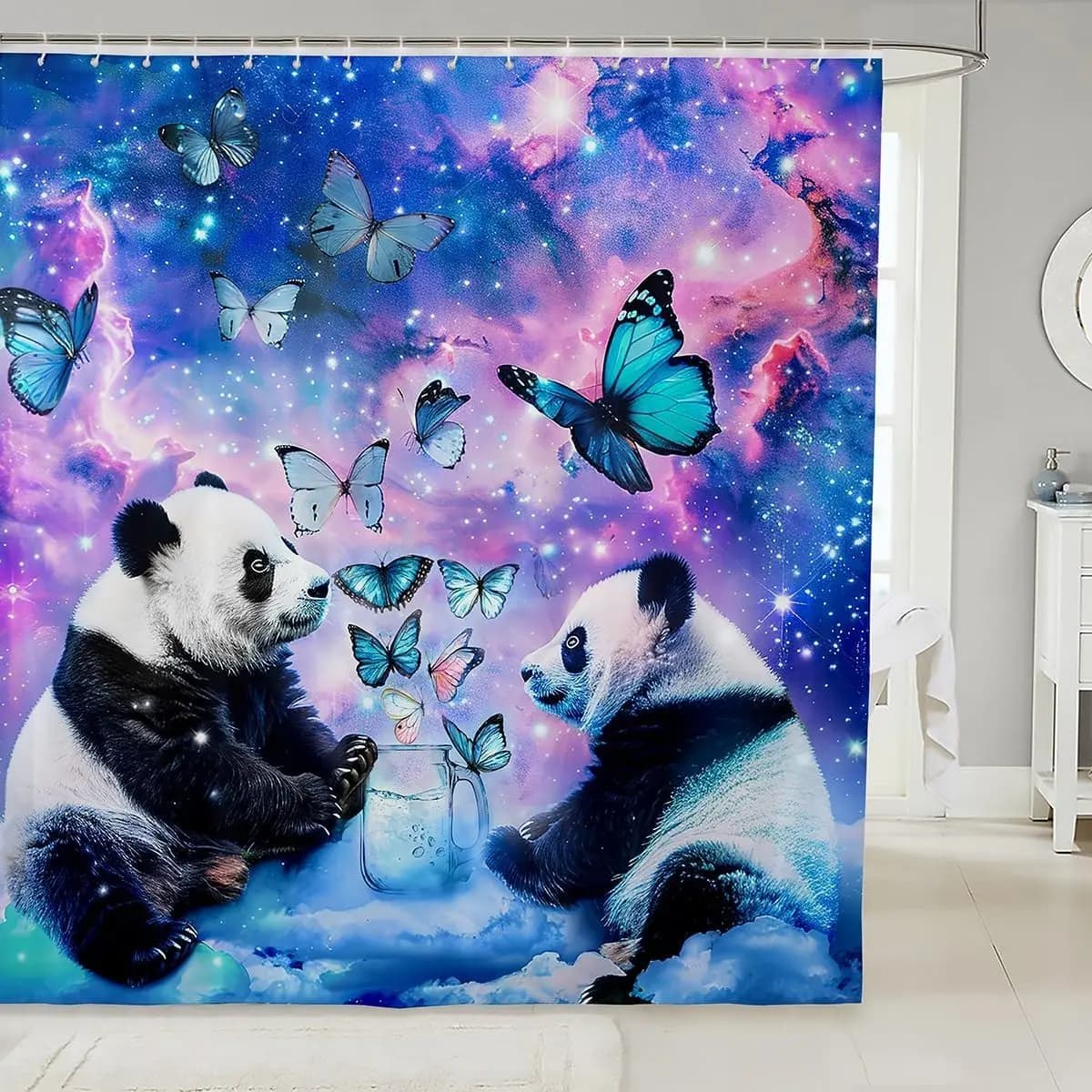 Cute Panda Galaxy Space Shower Curtain Waterproof Polyester Bathroom Decor Stars Nebula Butterfly Print Kids Room Shower Liner