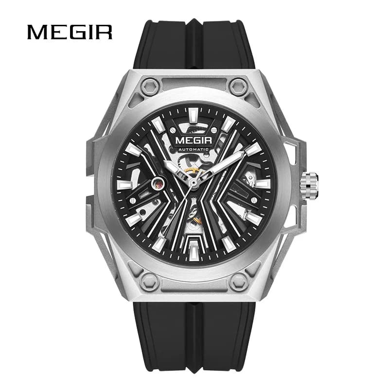 Orologio da Polso da Uomo alla Moda, Nero, Impermeabile, Meccanico Automatico con Lancette Luminose, Cinturino in Silicone, Quadrante Tonneau