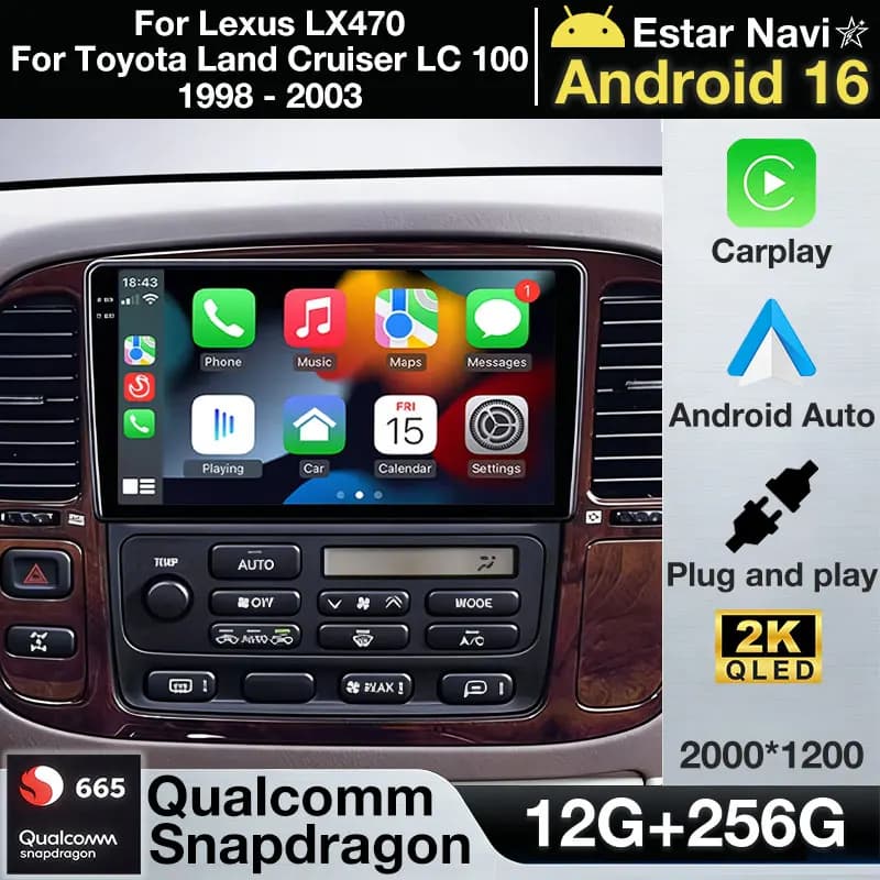 Android 16 Wireless Carplay per Lexus LX470 e Toyota Land Cruiser LC 100 1998 - 2003 GPS Multimedia Video Telecamera 360 4G LTE BT