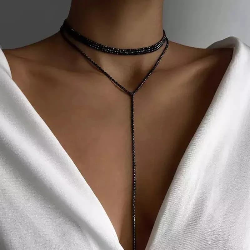 Collana girocollo con nappa lunga con strass neri per accessori da donna Collana con catena di cristallo di moda Collana a doppio strato Gioielli da sposa