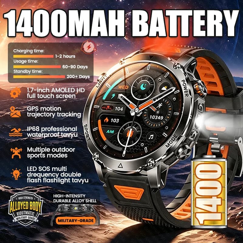 New 1400mAh Durable Big Battery Smart Watch Men Outdoor GPS Dual Color Flashlight Waterproof AMOLED HD Sports BT Call Smartwatch