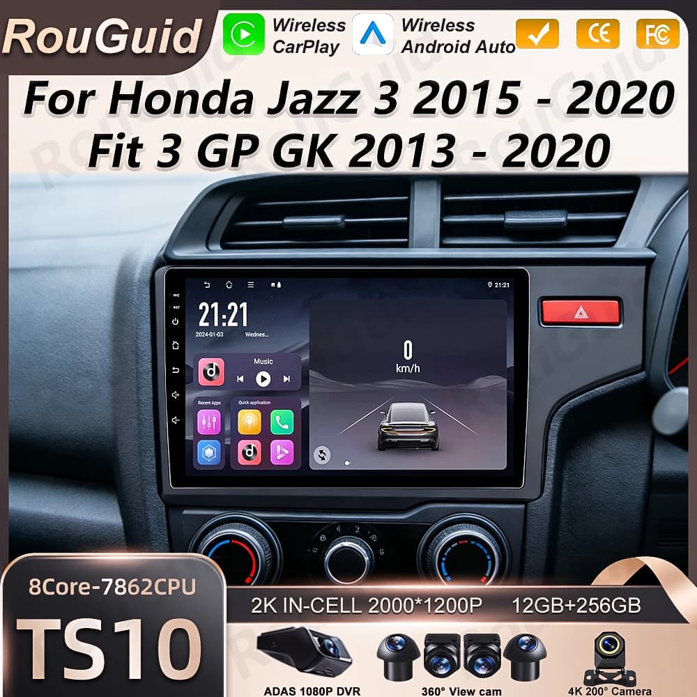 Autoradio Android 16 per Honda Jazz 3 Fit GP GK 2013 - 2020, Lettore Multimediale, Autoradio BT, Carplay, GPS Auto, Stereo DSP, Schermo