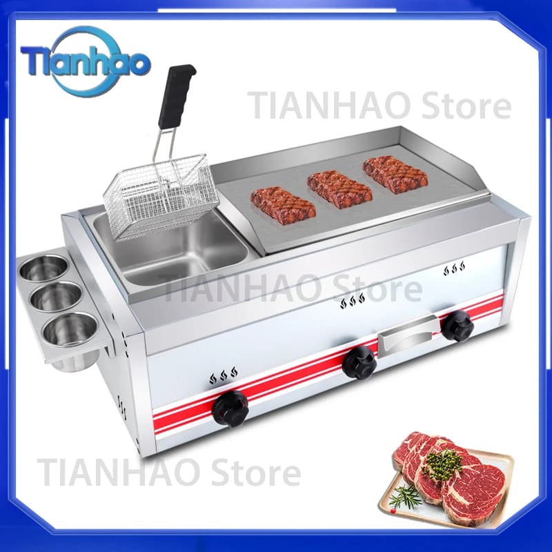 Commercial Stainless Steel Gas Teppanyaki Grill Pan for Fried Steak Hamburger Barbecue Frying Combined Double