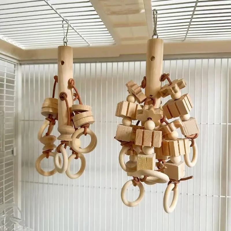 1Pc Wooden Parrot Chew Toy Wood Blocks Rings Hanging Bird Cage Accessory For Parakeet Conure Cockatiel