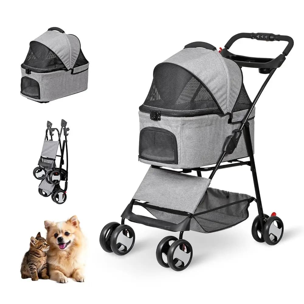 Passeggino a 4 Ruote per Cani e Gatti: Trasportino da Viaggio con Cestino Rimovibile