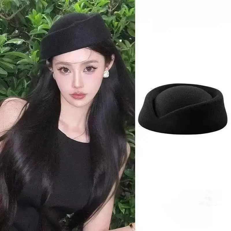 Cappello Berretto da Hostess di Volo Vintage Nero con Visiera Piatta e Clip per Capelli - Accessori per Capelli