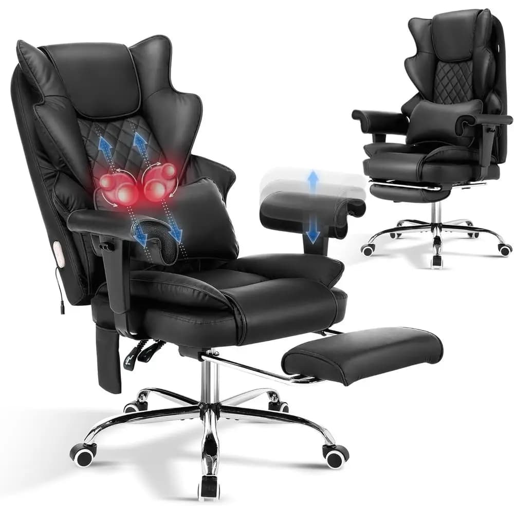 Poltrona da Ufficio Reclinabile con Massaggio e Riscaldamento, Poggiapiedi Incluso, 90-135 ° Sedia da Gaming Ergonomica in Pelle (Nera) con Supporto Lombare Regolabile