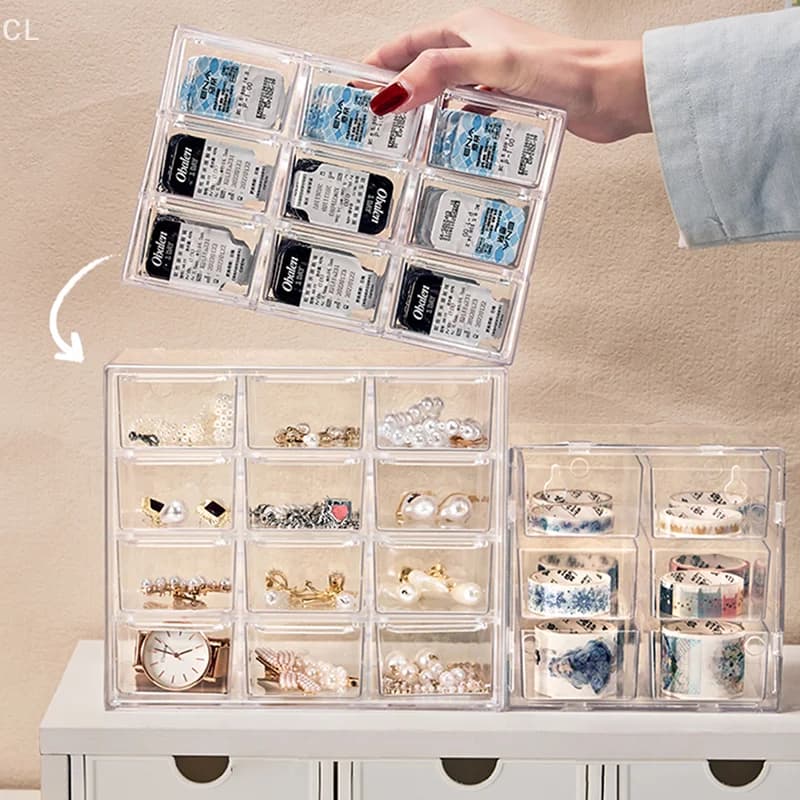 Organizzatore Organizzatore di gioielli Scatola portaoggetti da tavolo Tipo di cassetto Scaffale trasparente La scatola fissa per la decorazione dei capelli può essere impilata Orga