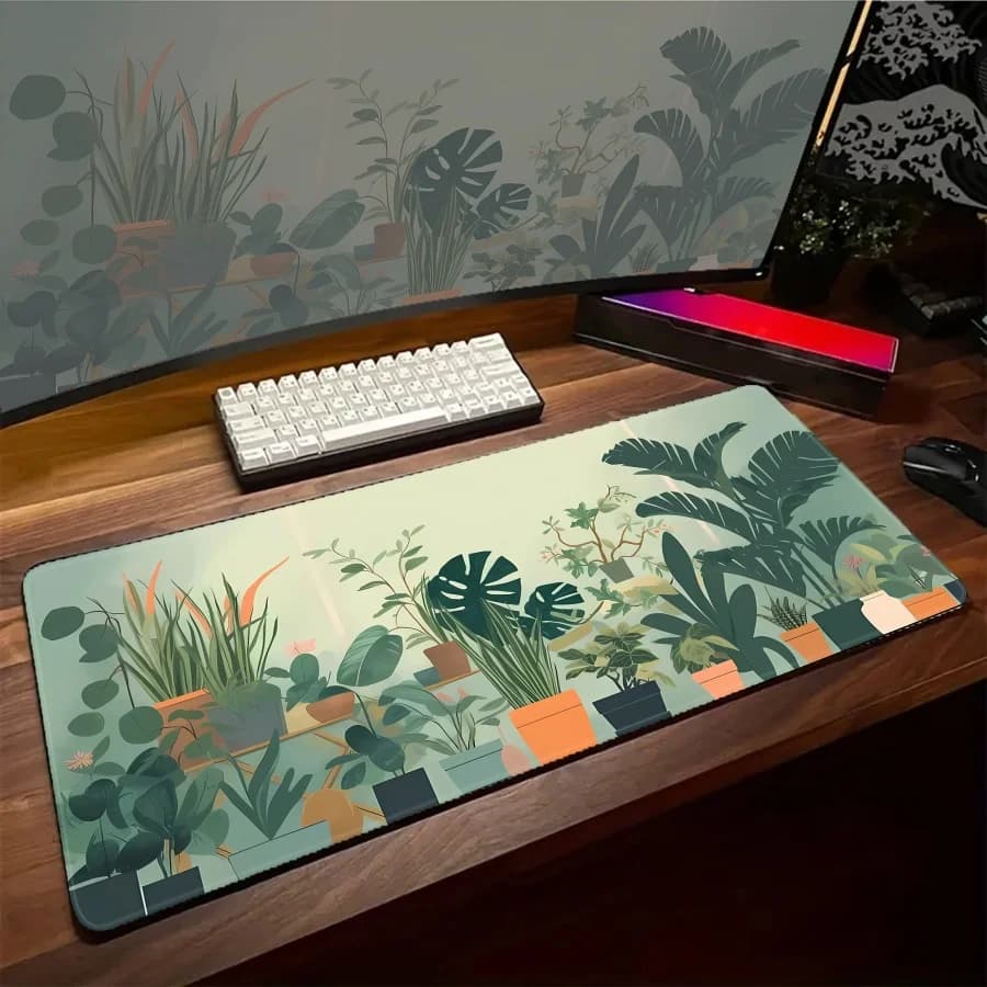Tappetino per mouse da gaming XXL con gatto e piante verdi, tappetino per tastiera e mouse da computer, tappetino in gomma Kawaii per gamer