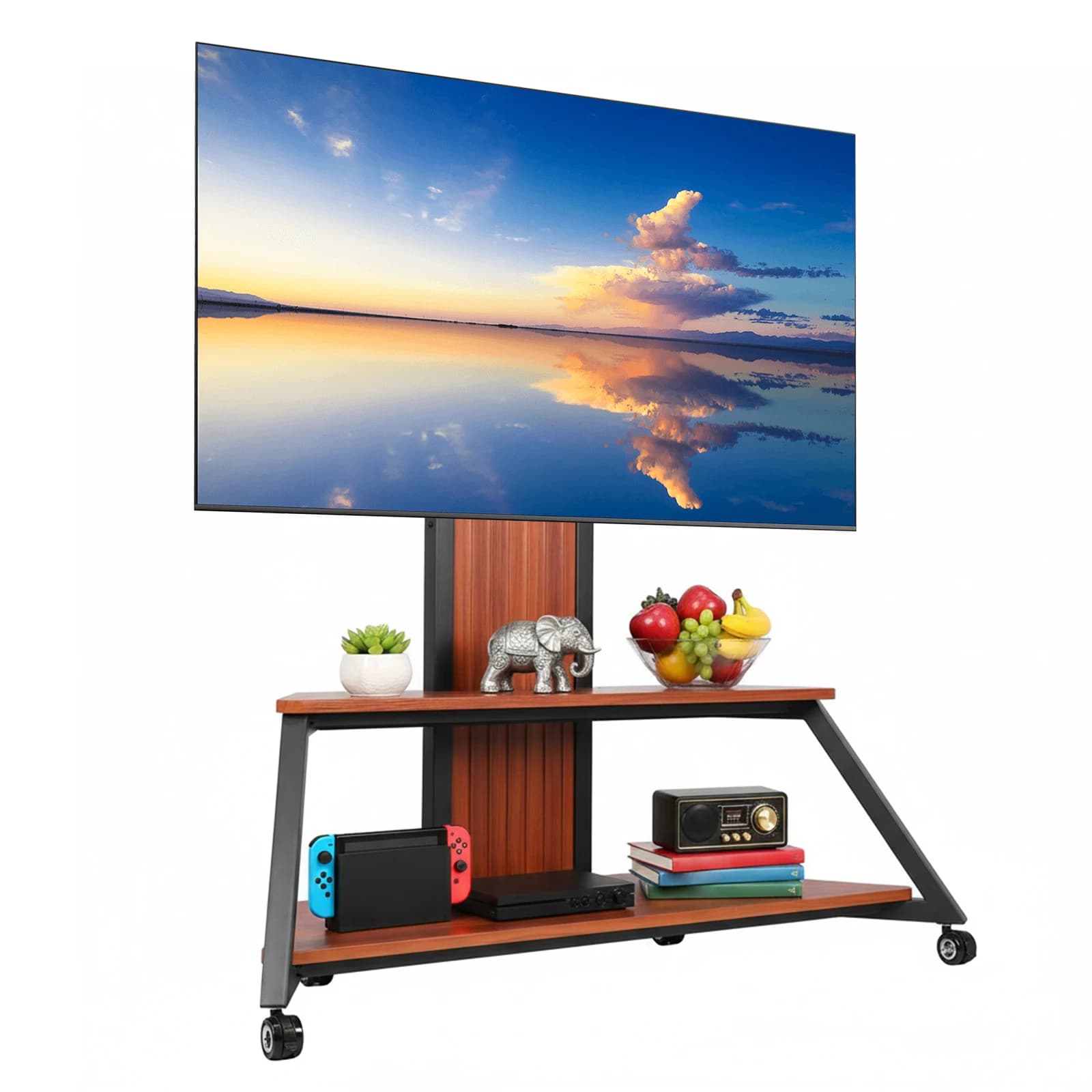 Supporto da pavimento con ruote per schermi da 60 a 100 pollici fino a 220 libbre con ripiano, carrello TV girevole con ruote bloccabili e altezza regolabile