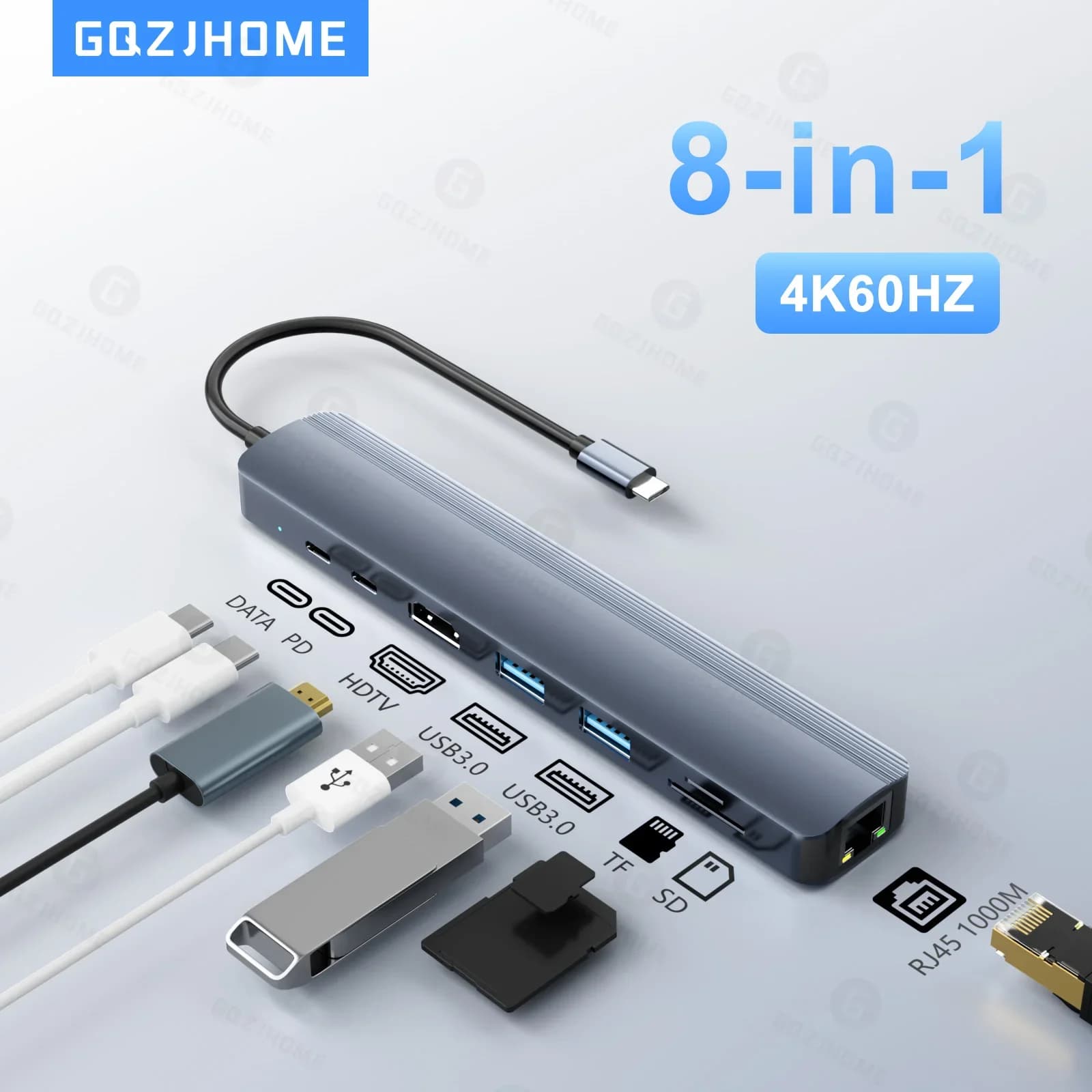 Hub USB C 8 in 1 con 4K 60Hz HDTV 1Gbps Ethernet 100W Alimentazione Slot per schede SD/TF Porte dati USB 3.0*3 5Gpbs per MacBook