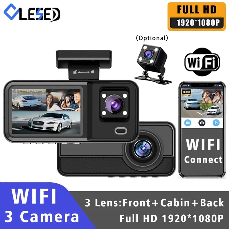 WIFI 3 Camera Dash Cam Car Camera FHD 1080P Car Recorder DVR Night Vision 3 Channel Black Box Dashcam Camera for Reverse