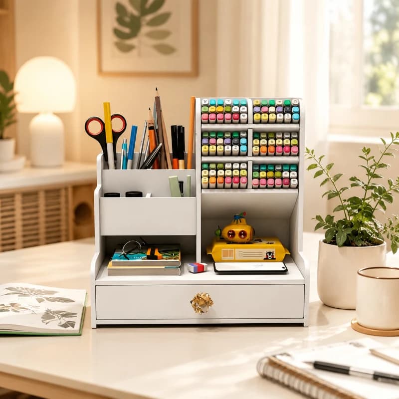 White 10-Grid Stationery Storage Box, Single Drawer Pen Holder, Practical Organizer for School, Office and Dorm Desk Use