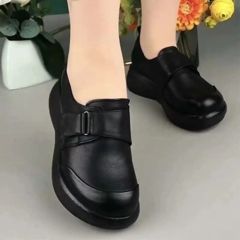Women Platform Loafers Leather Velcro Strap Round Toe Slip On Shoes Comfort Thick Sole Casual Walking Shoes