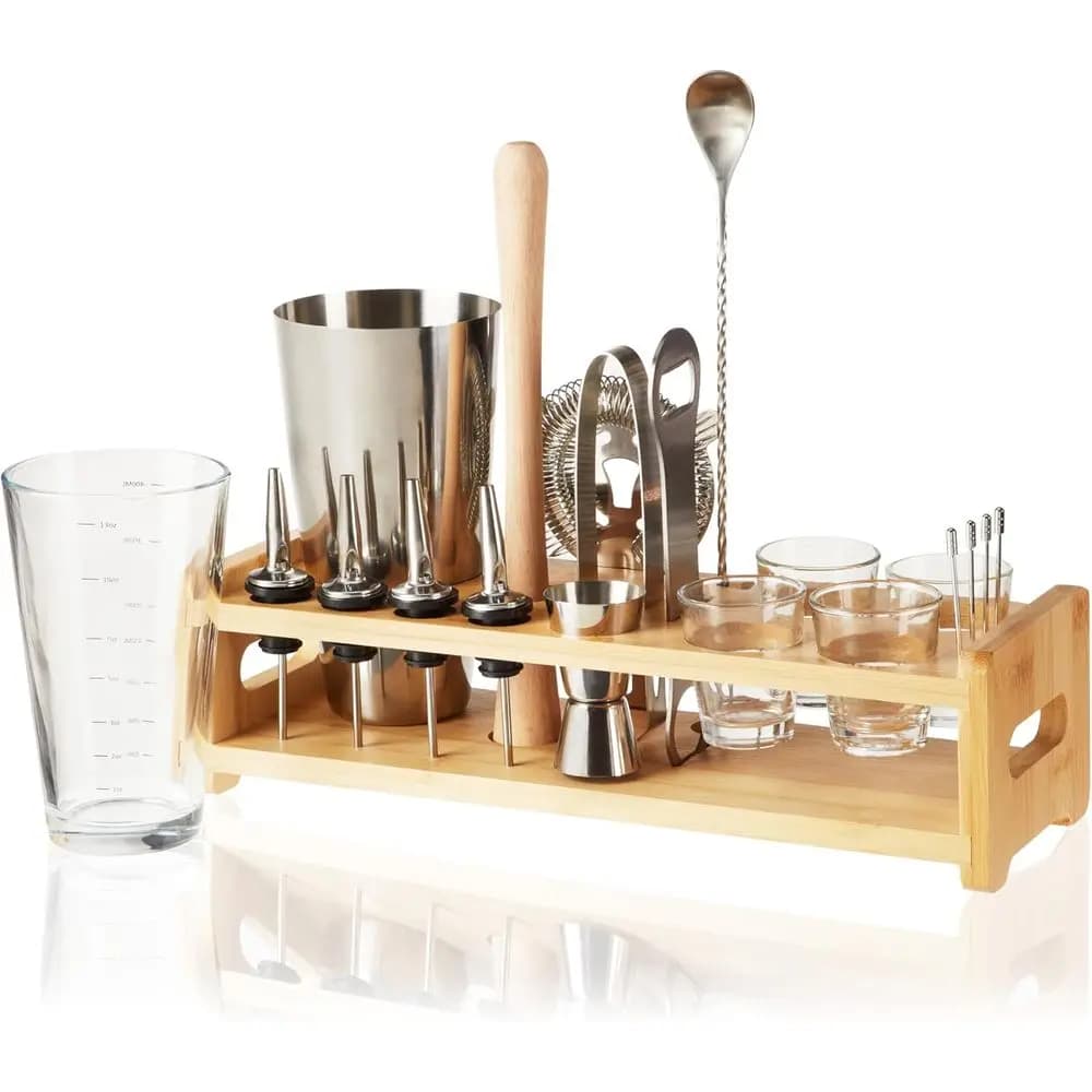 Set da Cocktail Premium da 20 Pezzi con Supporto in Legno - Include Shaker Boston, Bicchiere da Miscelazione, Muddler, Jigger, Colino, Accessori da Barman