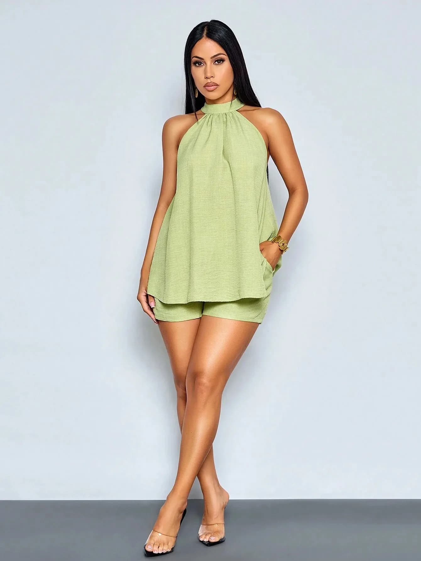Ladies Elegant Solid Color Basic Versatile Short Pants Set Fashionable And Stylish plus Size Available