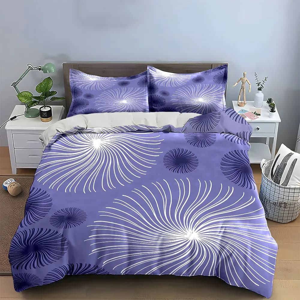 Set copripiumino a spirale con motivo fuochi d'artificio, 3 pezzi, biancheria da letto floreale astratta color lavanda, include 1 copripiumino e 2 federe, idea regalo