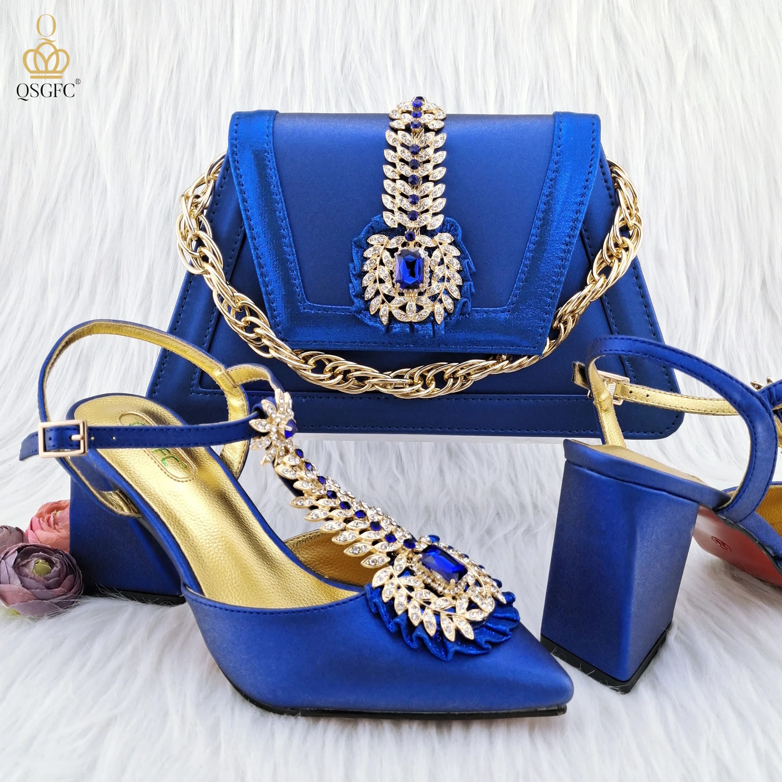 QSGFC borsa tridimensionale nobile blu reale con eleganti scarpe con tacco alto Set di borse per scarpe da donna africane dal Design popolare italiano