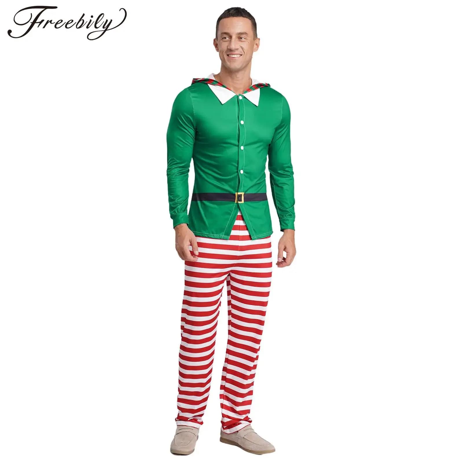 Pigiama da elfo natalizio da uomo Costume cosplay per feste Top con cappuccio a maniche lunghe con pantaloni a righe Indumenti da notte per la casa di Capodanno per la vigilia di Natale