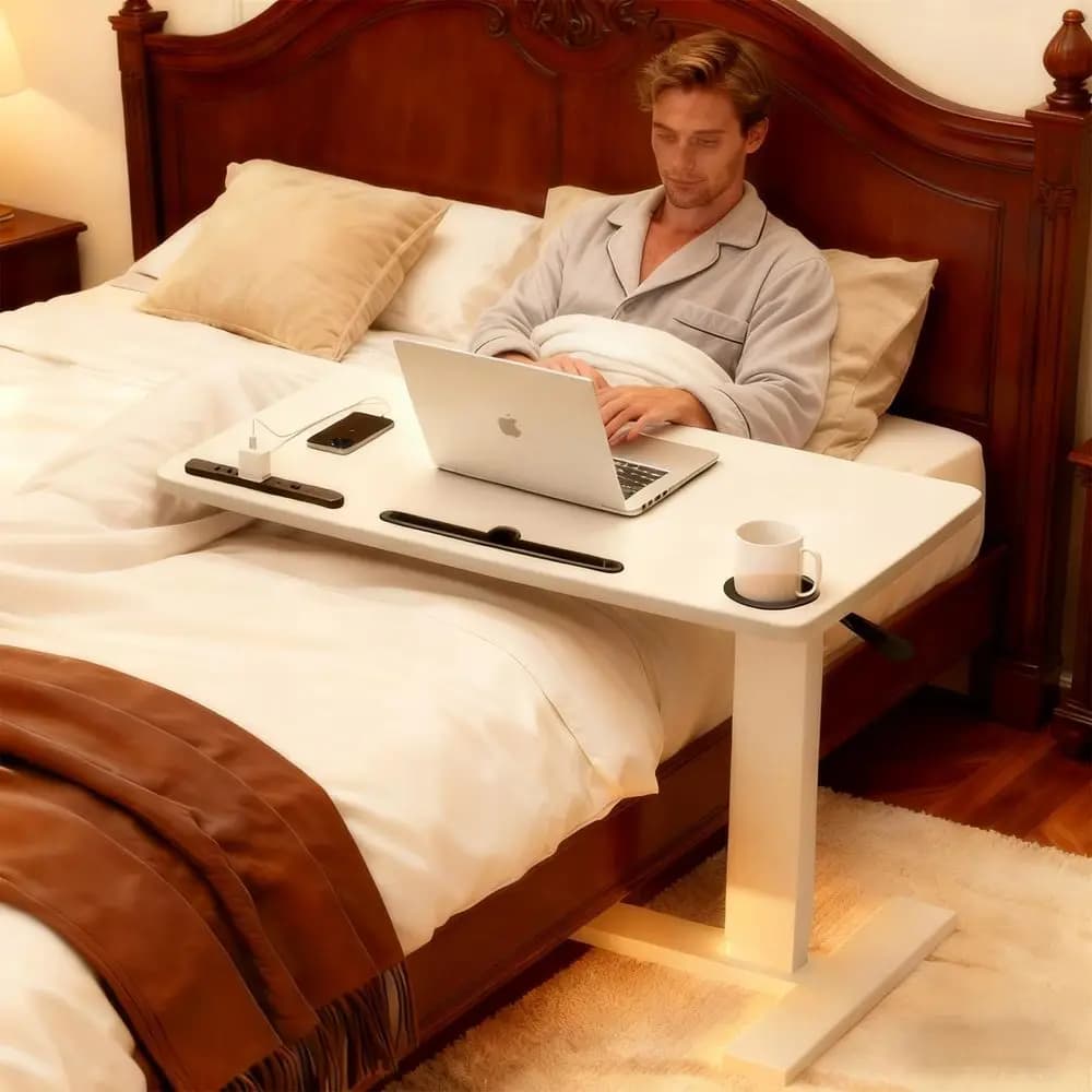 Tavolo da Letto con Altezza Regolabile Pneumatica, Scrivania con Ruote Nascoste, Porte USB, Slot per Tablet, Carrello per Laptop, Podio