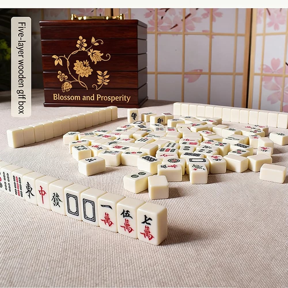 Set Mahjong Portatile in Avorio con Elegante Scatola in Legno, Gioco Tradizionale Cinese Perfetto per Viaggi e Intrattenimento Domestico
