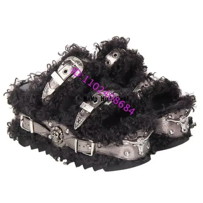 Design Women's Lolita Punk Fur Platform Slippers Metal Skull Black Belt Buckles Lamb Hair plus Size 47 Punk Style Slip-On Shoes