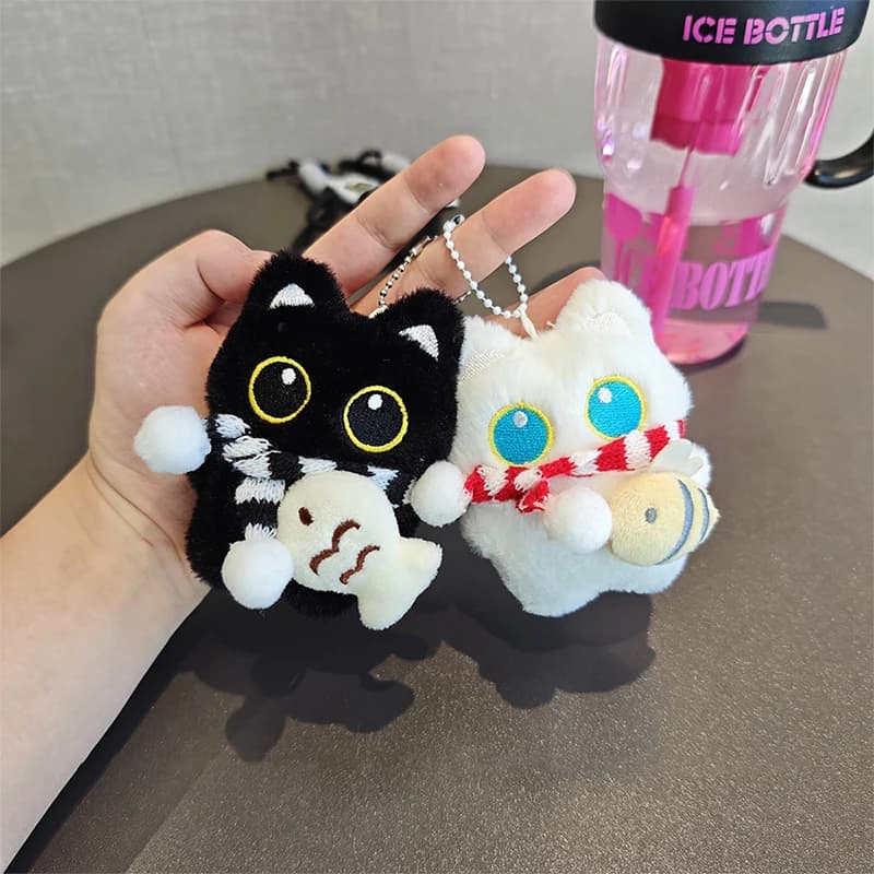 【Peace】Squeaky Cute Black White Cat Plush Doll Pendant Keychain Cartoon Doll Toy Pendant Keyring Bag Ornament Children's Gift