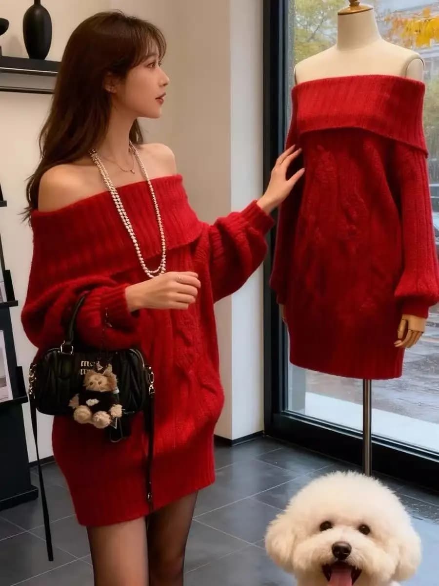 Cisas New Complete Women's Red Sweater Autunno Winter 2025: Monospalla sweater and Corta Casual skirt in Soft Polyester