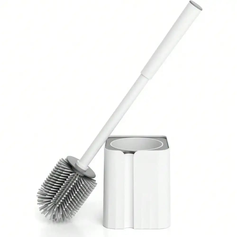 Set di spazzole e supporti per WC in silicone, setole resistenti, dimensioni compatte, montabile a parete, a prova di goccia, per una pulizia profonda del bagno, colore bianco
