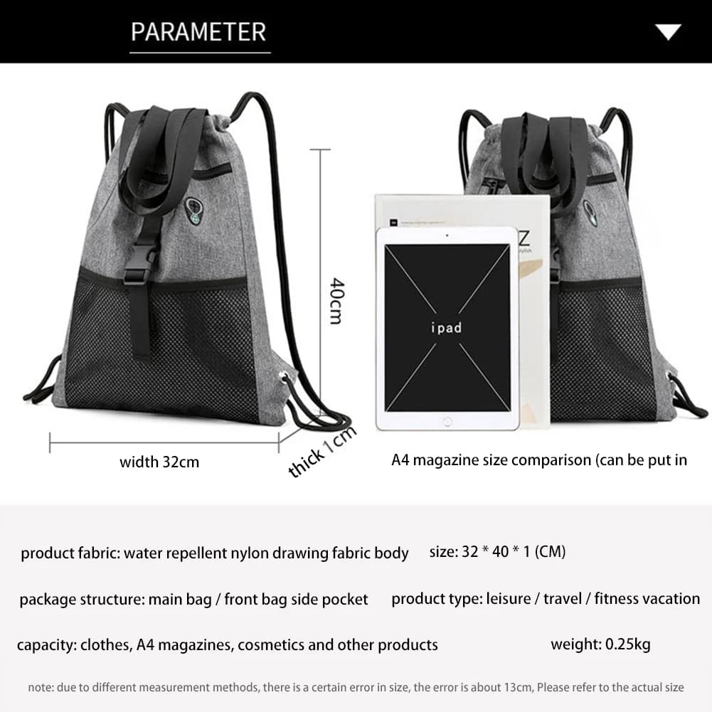ABNH Borsa da palestra con coulisse con tasche Sacca sportiva con manico Zaino da viaggio con coulisse per uomo donna-Grigio