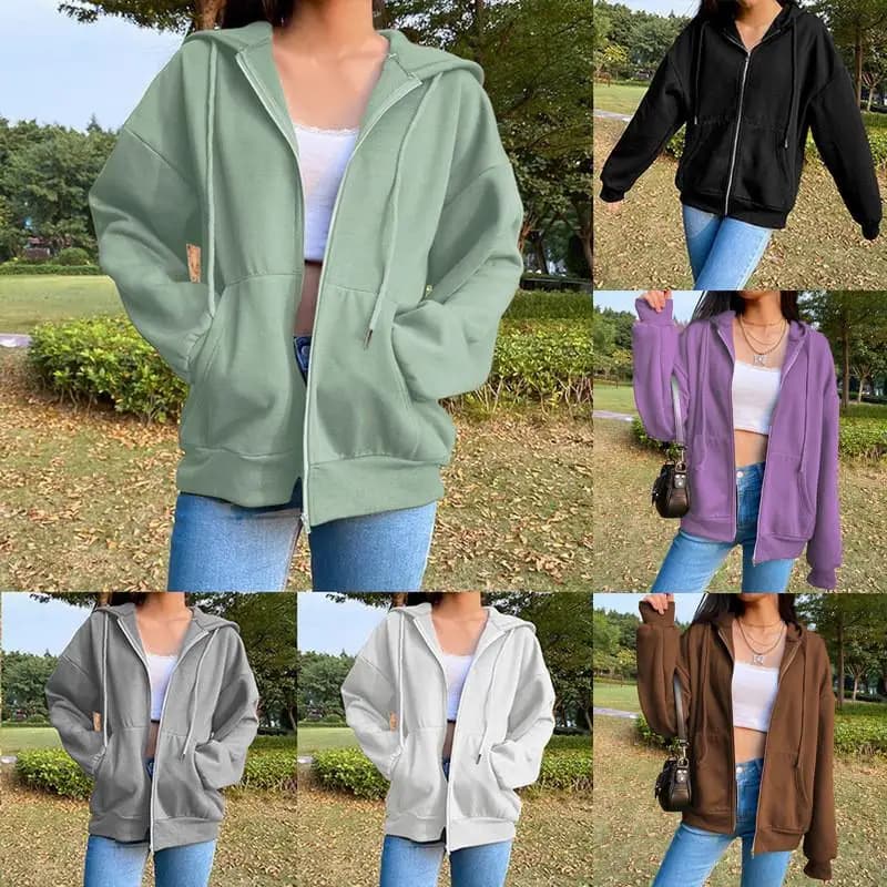 Fall New Pure Color Hooded Fleece Lined Long Sleeve Women's Street Loose Zipper Top Sportswear Casual Outerwear