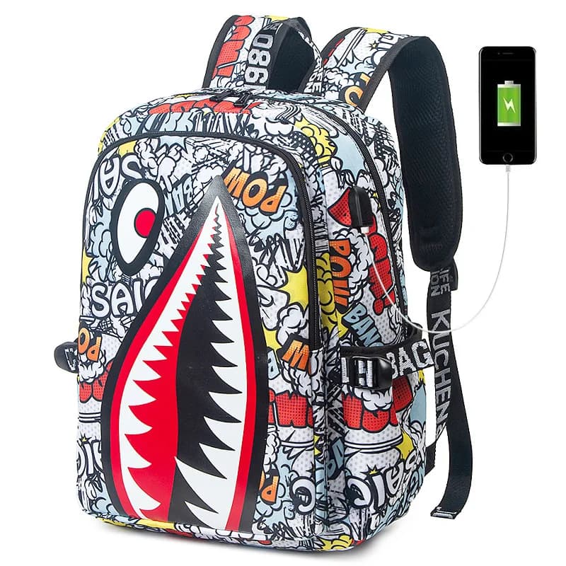 Shark Pattern Print Backpack, Lightweight Minimalist Casual Daypack, Daily School Travel Shoulder Bag