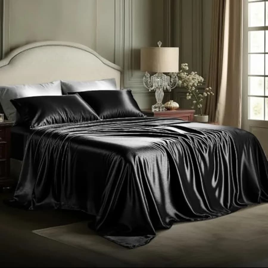 Lenzuola in Raso Nero, Set da 4 Pezzi, Lenzuola Setose con Angoli Profondi, 1 Lenzuolo con Angoli, 2 Federe in Raso, Ottimo per la Casa