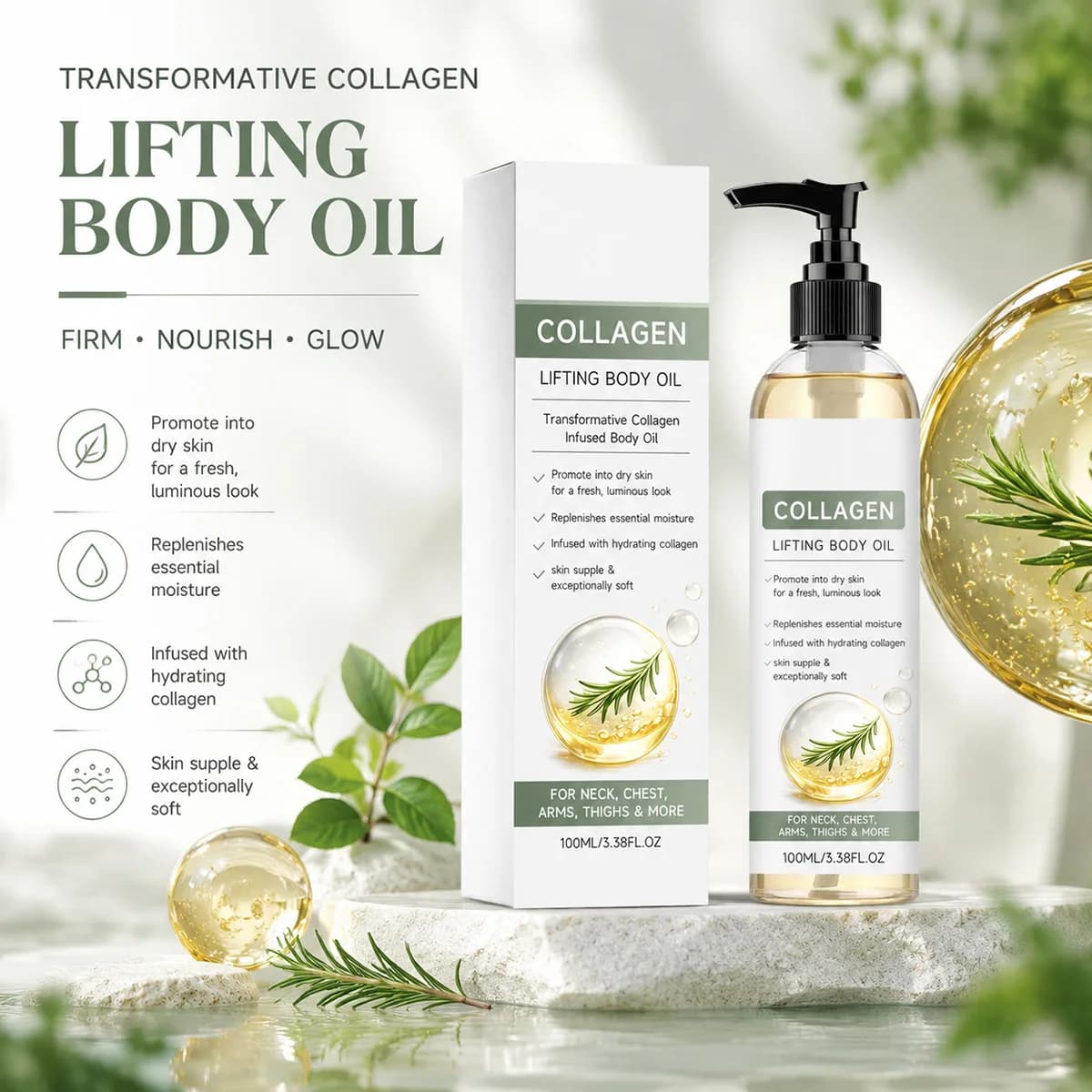Olio Corpo al Collagene Effetto Lifting Idratante Rassodante Ammorbidisce Pelle Secca e Ruvida Migliora l'Elasticità per Collo Petto Braccia Cosce Cura Quotidiana