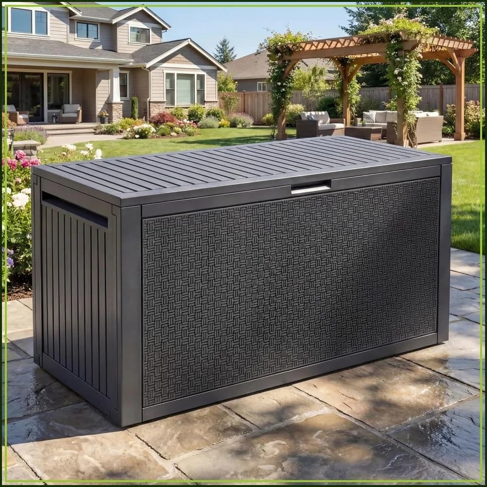 95 Gallon Outdoor Storage Deck Box, Waterproof Resin, Lockable & UV Resistant, with Handles for Patio Furniture Garden Tools, Dark Gray