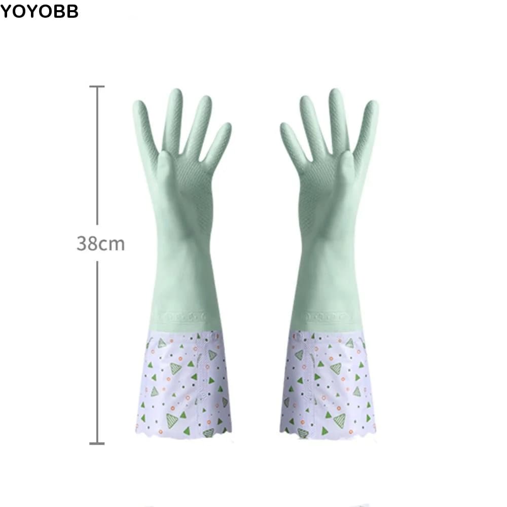 Latex Rubber Dish Washing Gloves Elastic Cuffs Waterproof Winter Cleaning Gloves Velvet Long Sleeve Housework Gloves Kitchen