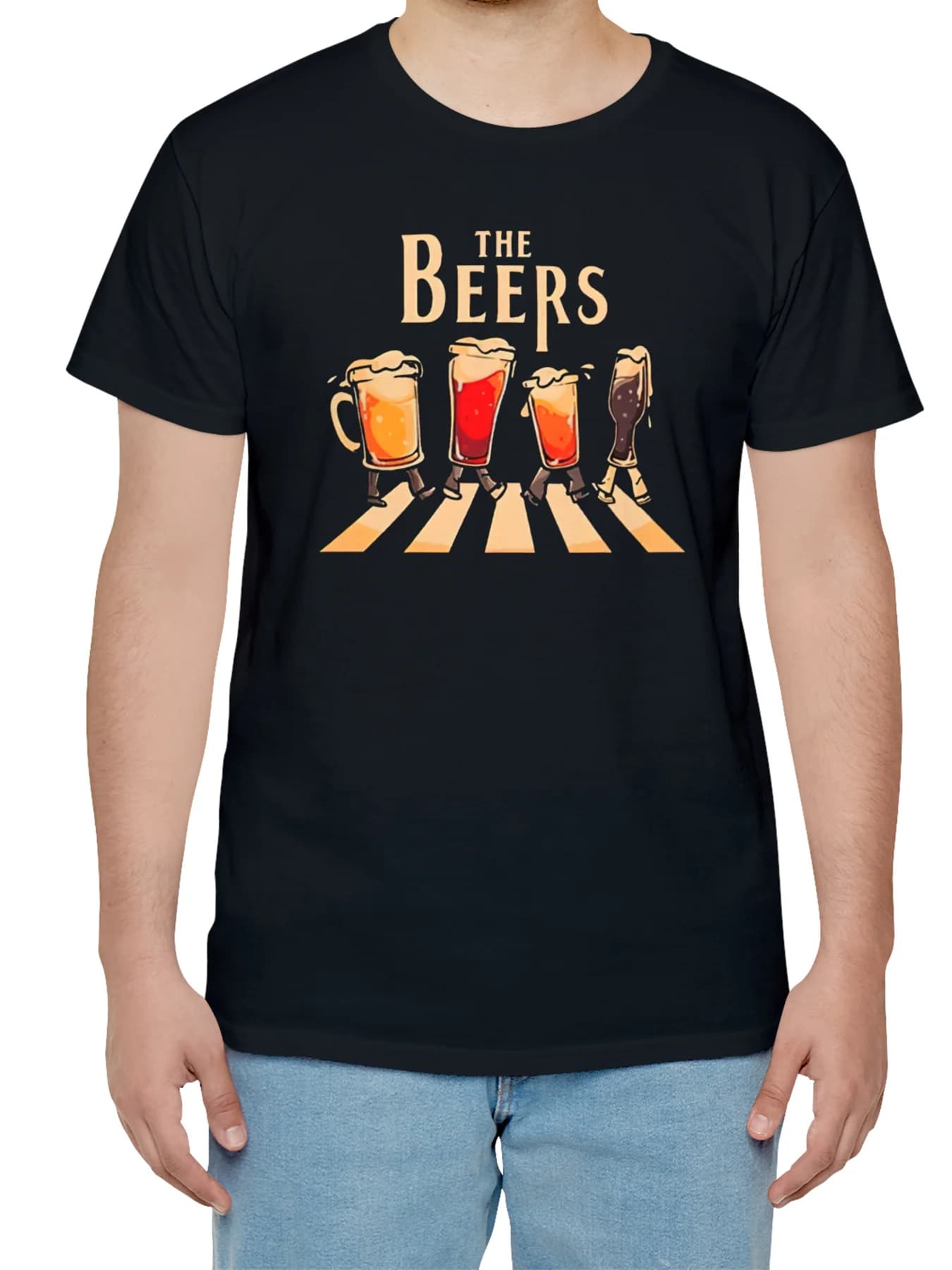 T-shirt nera con grafica da uomo The Beers, casual, in cotone, a maniche corte, girocollo, con stampa di tazze da birra, ideale per le gite estive