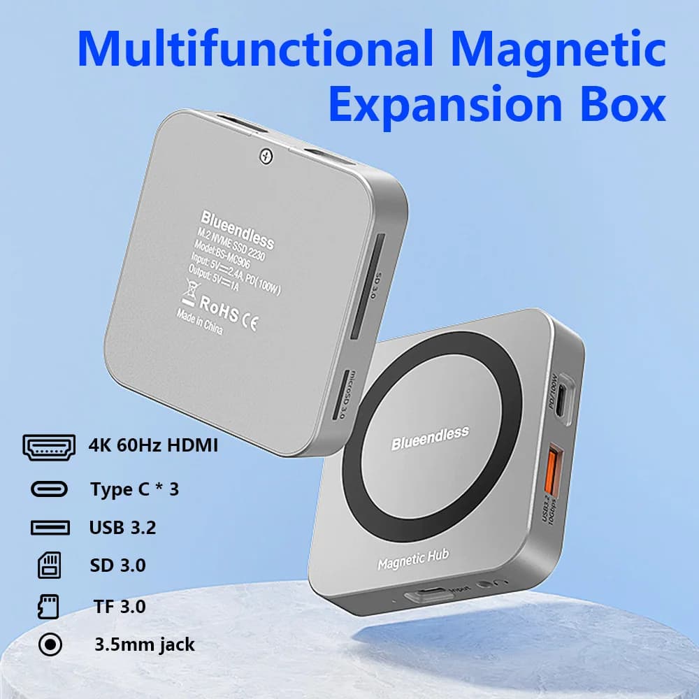 Docking Station 8-in-1 con Box Esterno Magnetico M.2 SSD da 10Gbps, Splitter USB 3.2 Type-C, Lettore Schede NVMe e HDMI 4K per iPhone 17/16/15 Pro