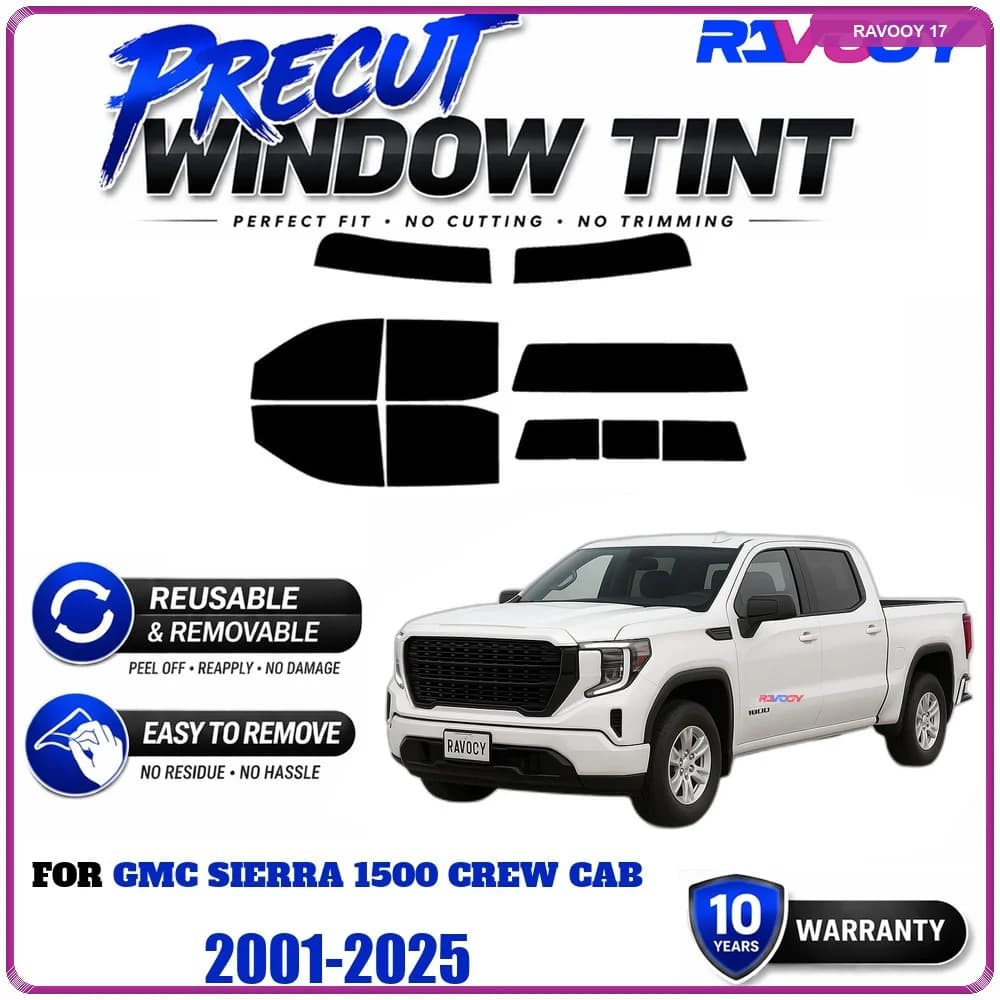 RAVOOY Precut Window Tint, Reusable Removable EPU Film, Custom Fit for Gmc Sierra 1500 Crew Cab 2001-2025, UV Heat Protection