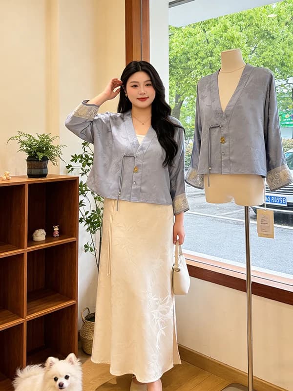 New Chinese Style Embroidered Floral Jacket High Waist Skirt Women's Spring Fashion Set High Waist Split Skirt Two-Piece...