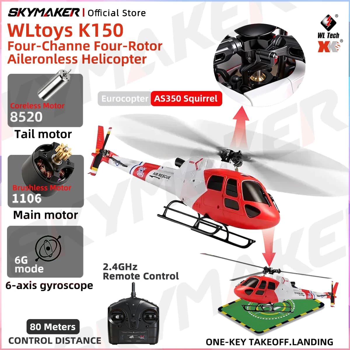WLtoys K150 AS350 Squirrel Elicottero RC 2.4G con Giroscopio a 6 Assi, 4 Canali, Mantenimento Altitudine, Flusso Ottico, Motore Brushless - Giocattolo per Bambini e Adulti, Idea Regalo
