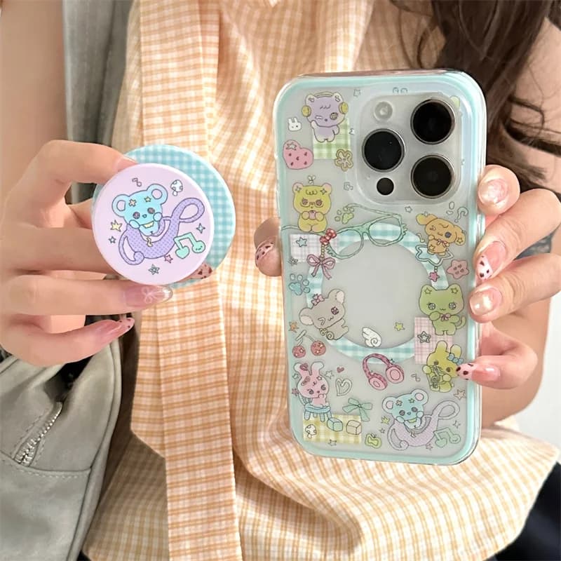 Custodia magnetica per telefono animale cartone animato Kawaii per iPhone 16 Pro 15 14 13 Pro Max Cover con custodia antiurto Magsafe Stand Grip Tok