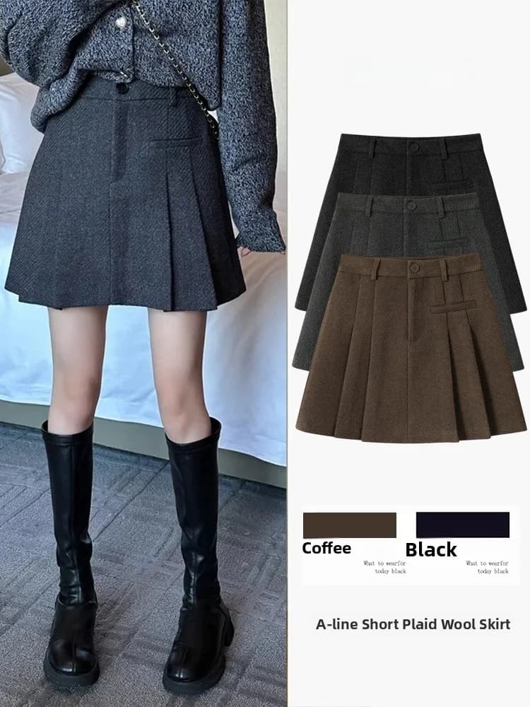 Gonna a Vita Alta a Trapezio da Donna in Lana Plissettata Anti-Trasparenza Casual, Gonna Corta Modellante a Vita Alta per Autunno Inverno