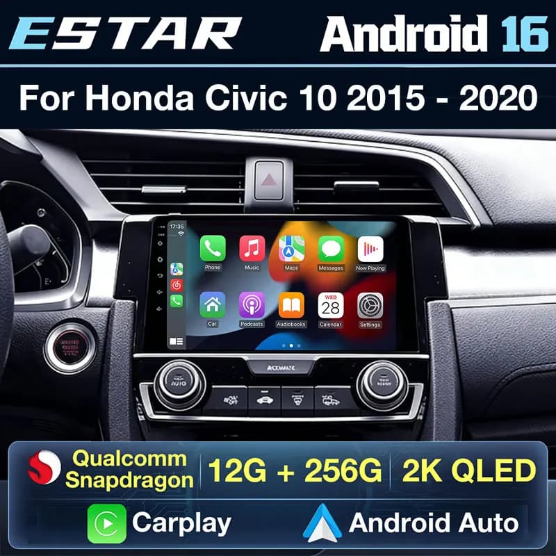 Wireless Carplay Android 16 For Honda Civic 10 FC FK 2015 - 2020 GPS Video Player Car Radio QLED 4G LTE DSP Stereo WIFI BT RDS