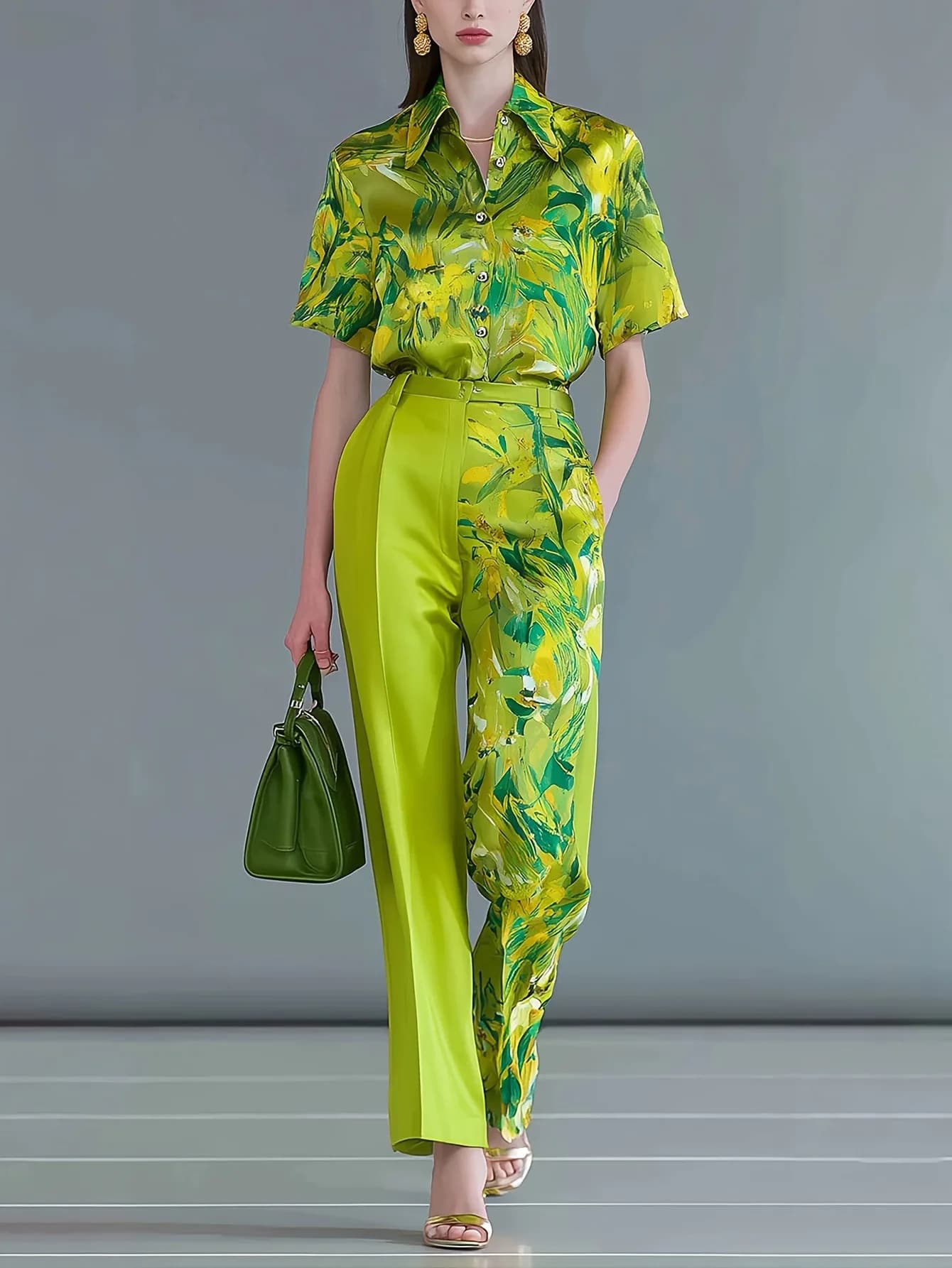 Spring Slim Print Blouse Pants Suit Women Short Sleeves Single-breasted Shirt+high Waist Straight Trousers Autumn Two Piece Set