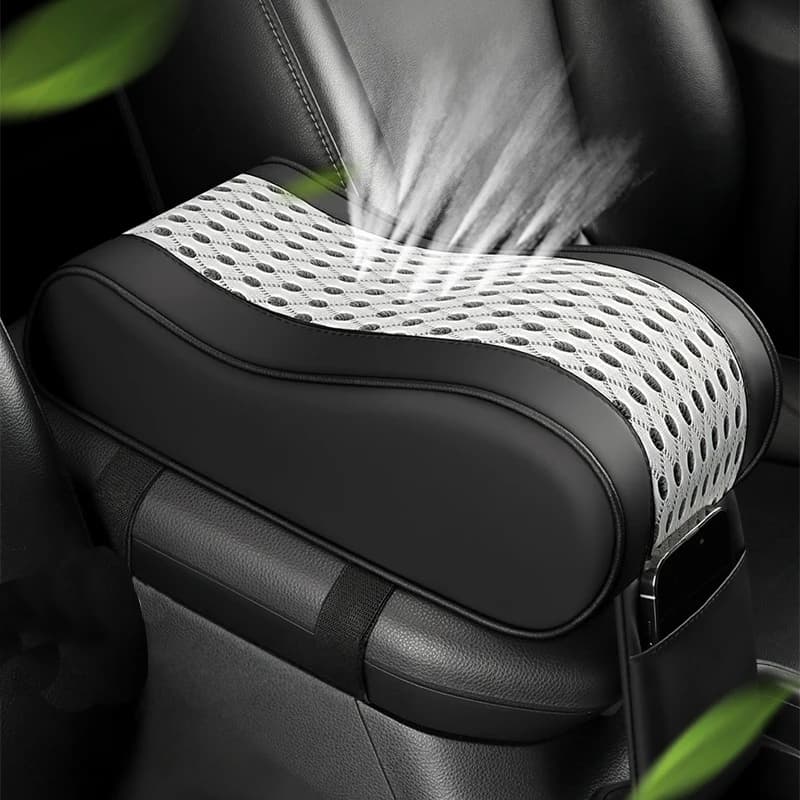 Cuscino Ergonomico per Bracciolo Auto con Rete Traspirante, Curvo, Rialzato e Allargato, con Tasca Portaoggetti