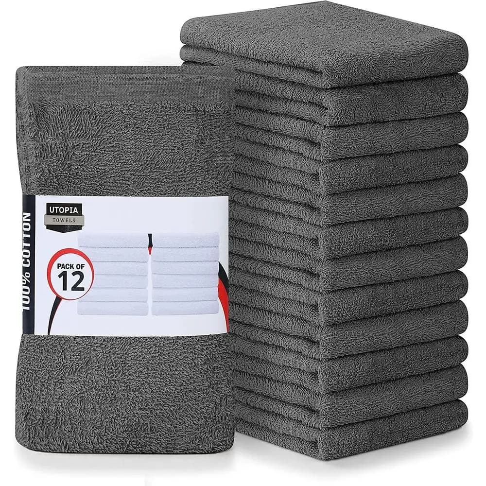 12-Pack, 16x19 Inch, 100% Cotton Absorbent Grey Cleaning Towels for Kitchen and Bar Use