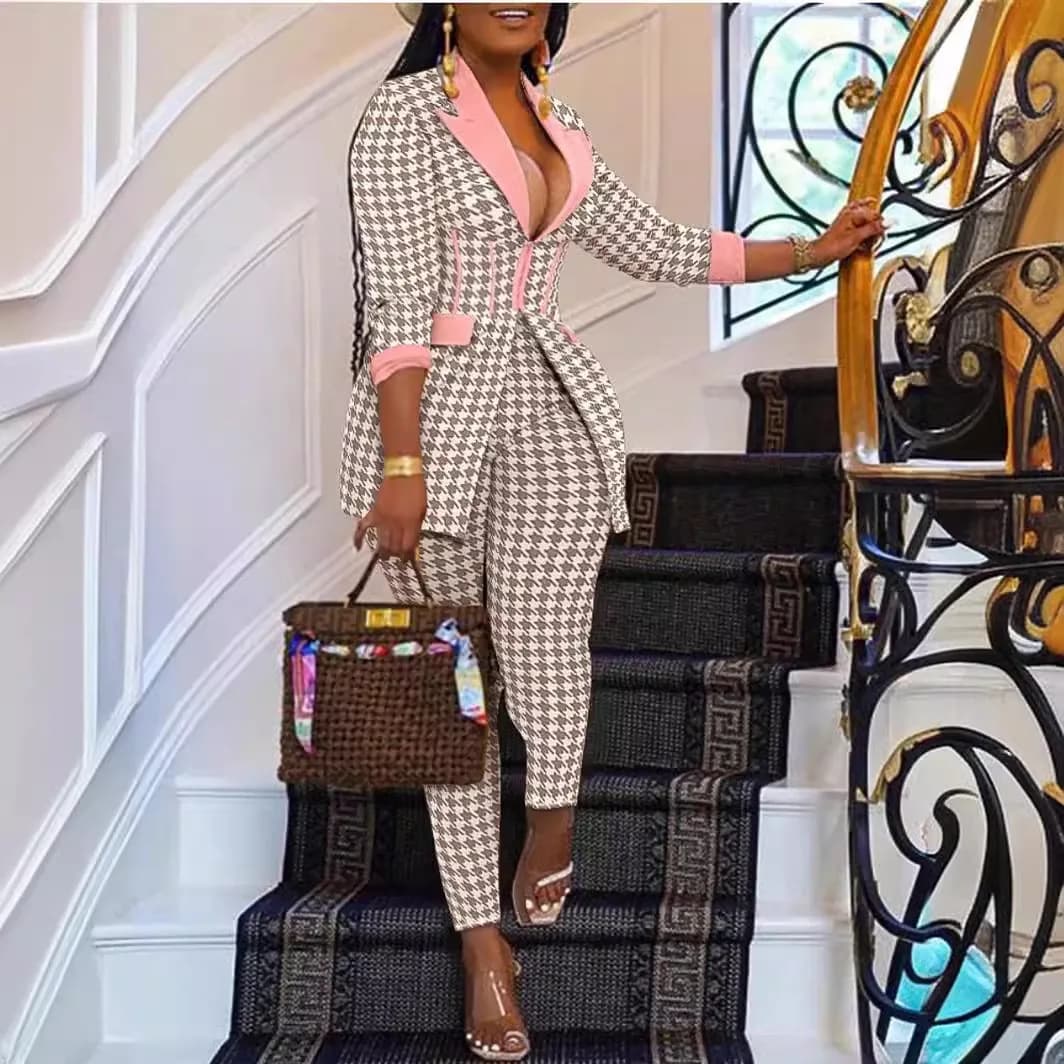 Winter Women's Clothing Sexy Outfits Notched Lapel Long Sleeve Two Piece Pants Set For Woman Polyester 3D Effect Slim Fit