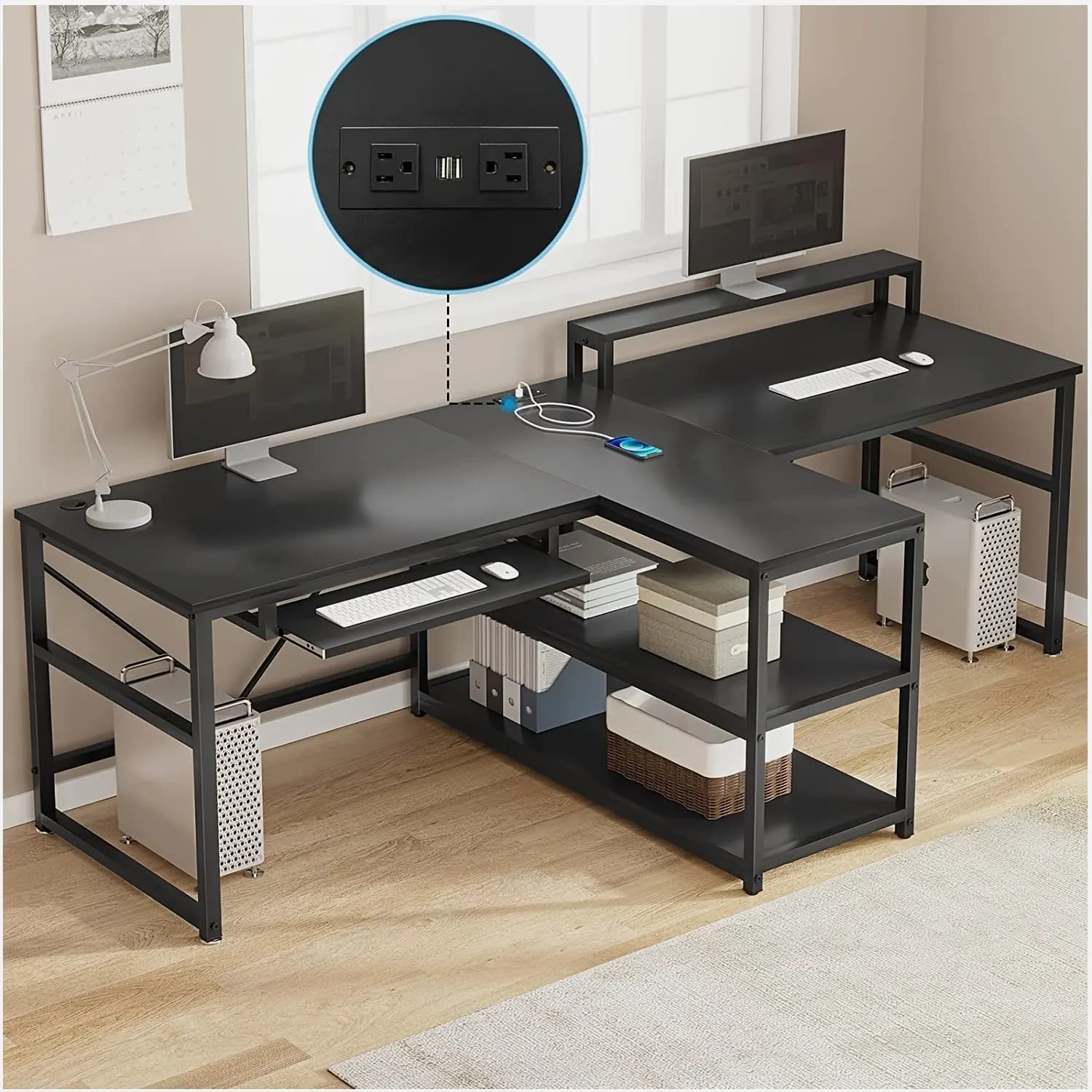 94.5-inch Dual-User Gaming Desk with Built-in LED Lighting, Adjustable Keyboard Tray, Integrated Power Strip (USB + AC), Monitor Stand & Under-Desk Storage Compartment — Spacious L-Shaped Alternative for Shared Work or Play Setup